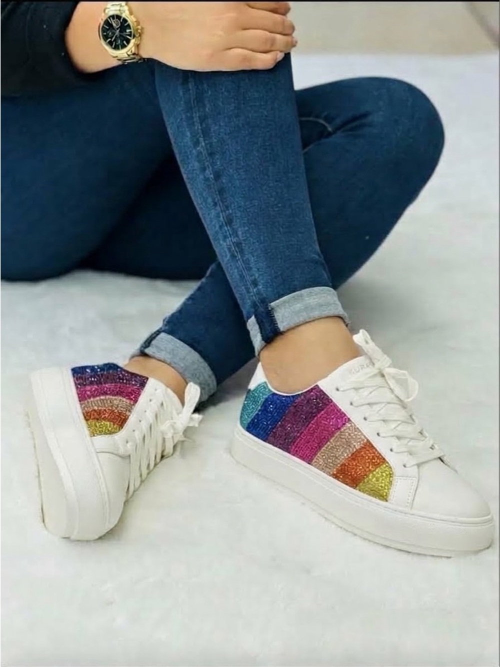 Kurt Geiger London Laney Stripe Crystal Rainbow Sneakers Size 39 White Platform